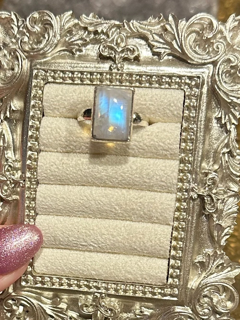 Rainbow Moonstone Ring Sterling Silver S925 Size 8.5